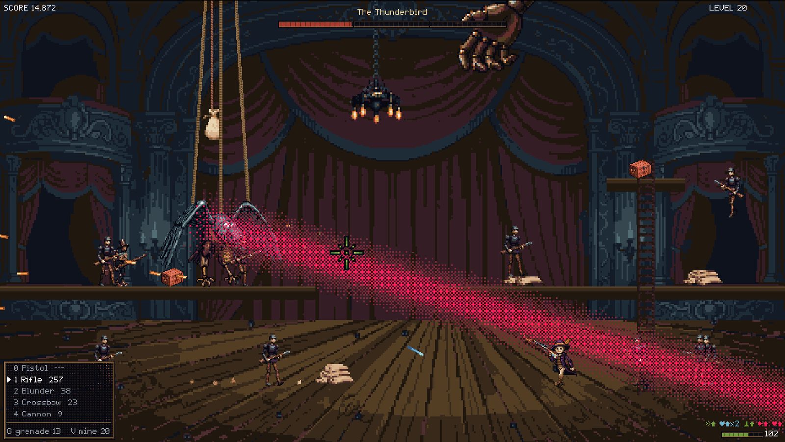 The Thunderbird sweeps the stage with a beam and the player is standing in it