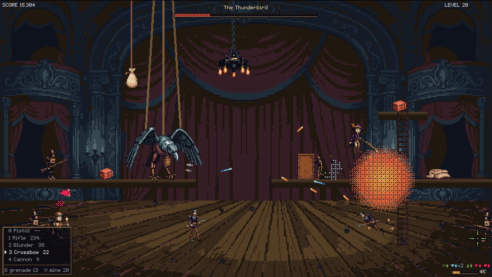 A blast goes off beside the boss and throws splinters across the boards
