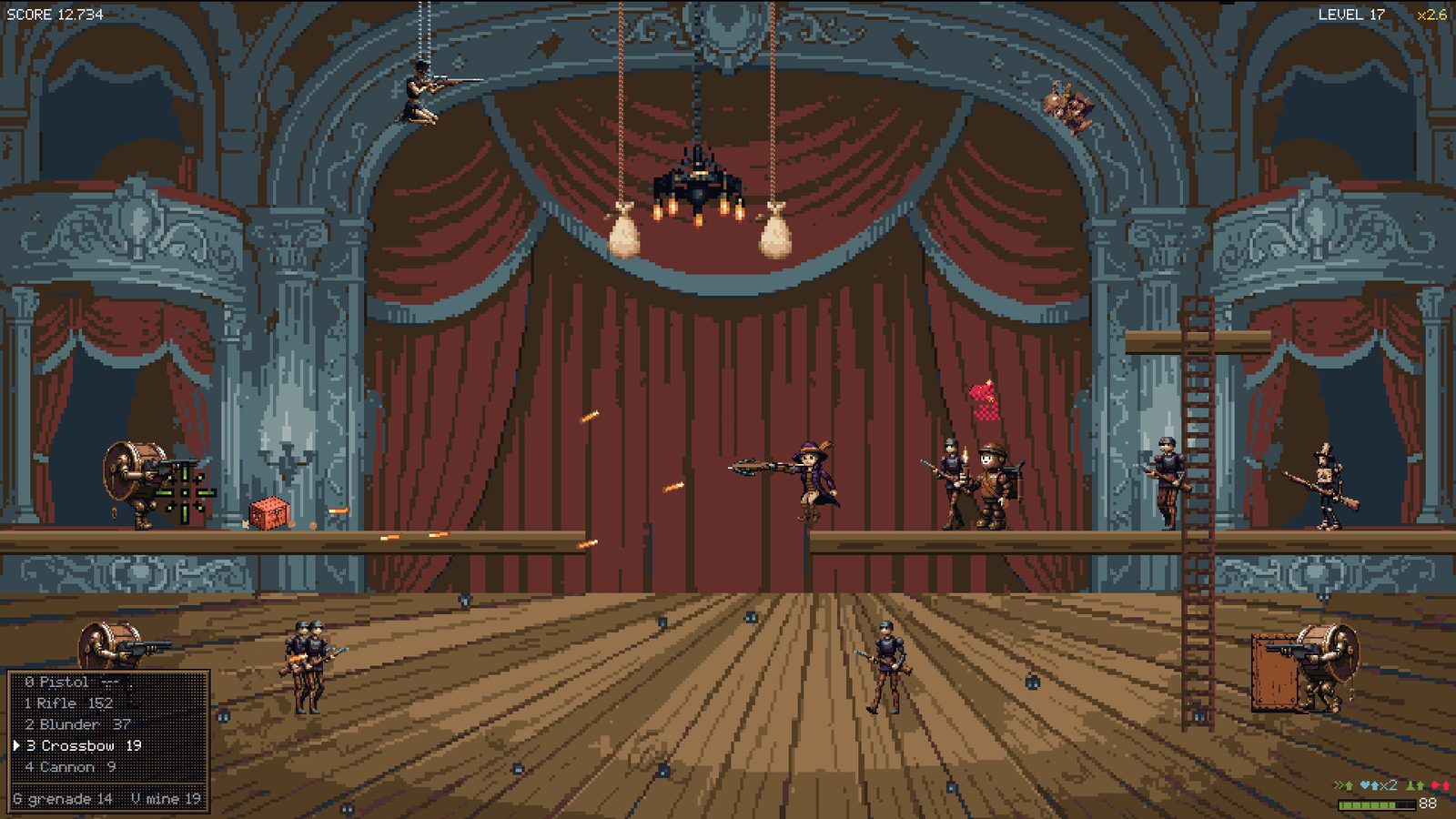 A dozen puppets close in from both wings while the health bar runs low