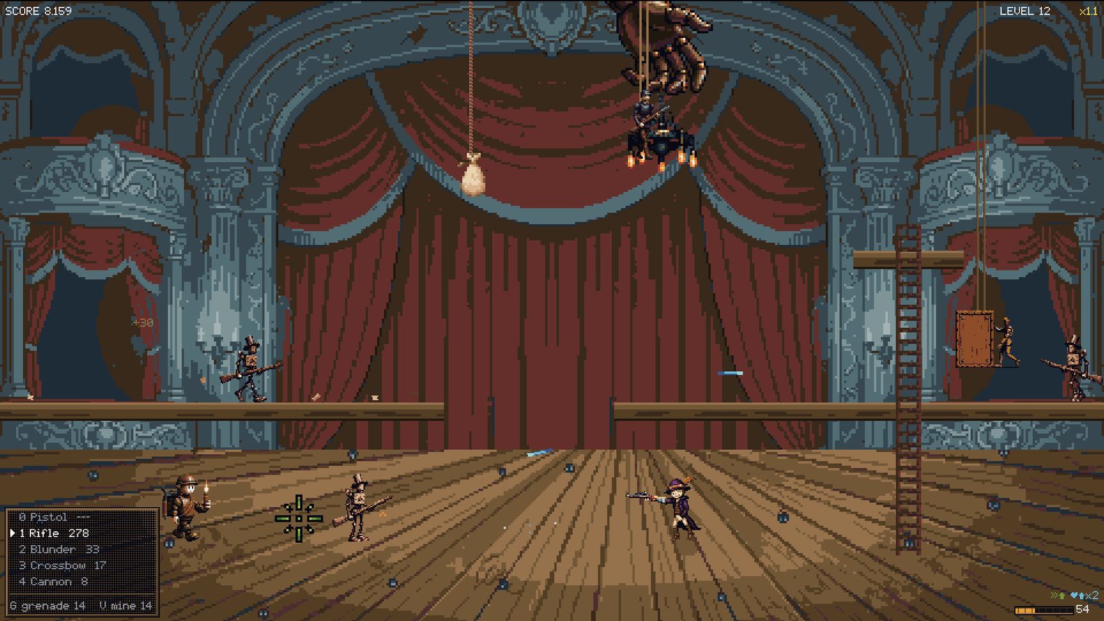 The wooden hand lowers a puppet on a string over the stage