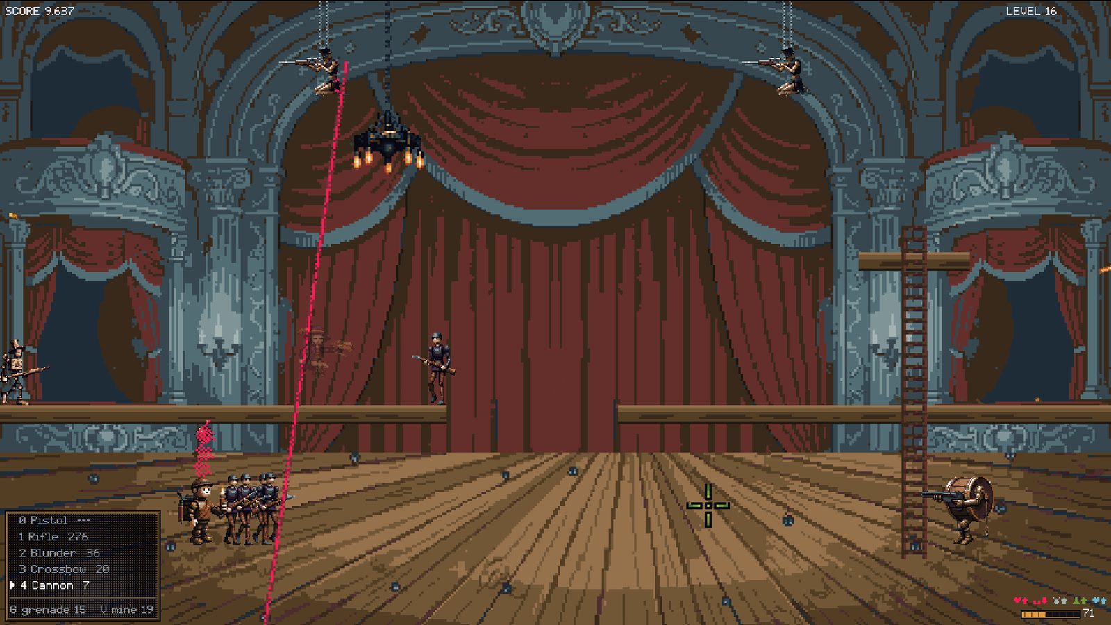 A sniper's red line crosses the stage from the balcony down to the player